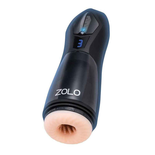 Side view of the Black and Flesh Zolo Lift Off Vibrating and Thrusting Auto Male Masturbator showing the internal sleeve texture on a white background | Flirty Bay Adult Store and Strokers in Perth Australia