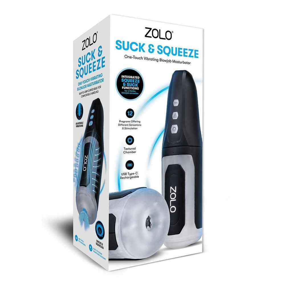 Side view of the packaging of the Zolo Suck & Squeeze Sucking Auto Male Masturbator on a white background | Flirty Bay Adult Store and Strokers in Perth Australia