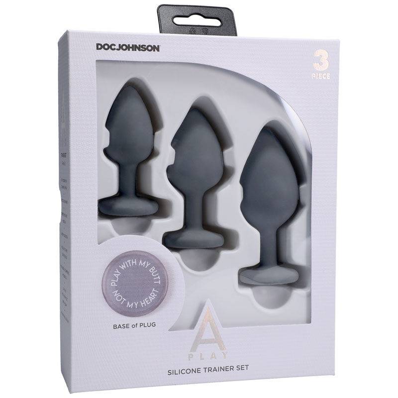 A-play - silicone butt plug training set - Product front view and box front view | Flirtybay.com.au