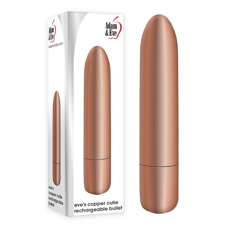 Adam & eve - eve's copper cutie rechargeable bullet vibrator - Product front view and box side view | Flirtybay.com.au