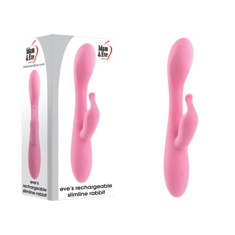 Adam & eve - eve's rechargeable slimline rabbit vibrator - Product front view and box front view | Flirtybay.com.au