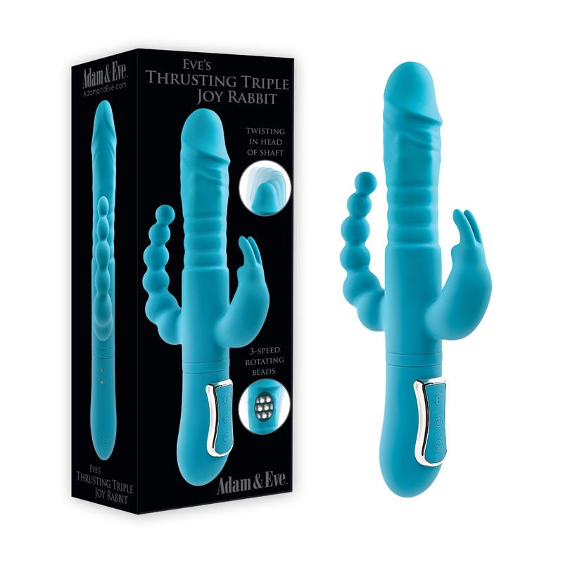 Adam & eve - eves thrusting tripple joy rabbit vibrator - Product front view and box front view | Flirtybay.com.au