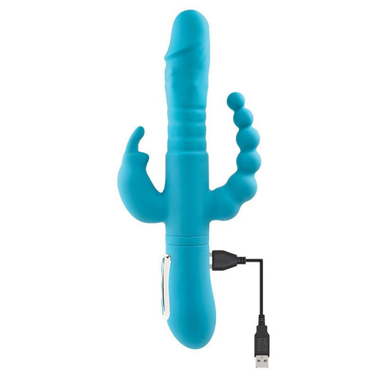 Adam & eve - eves thrusting tripple joy rabbit vibrator - Product front view with charger  | Flirtybay.com.au