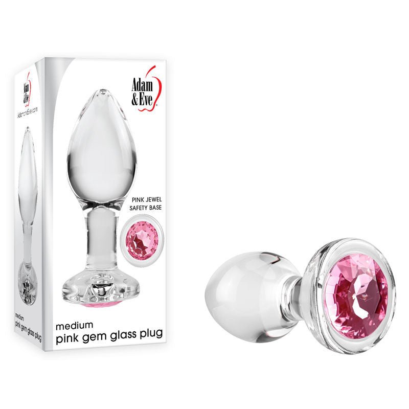 Adam & eve - pink gem glass anal plug, medium - Product side view and box front view | Flirtybay.com.au