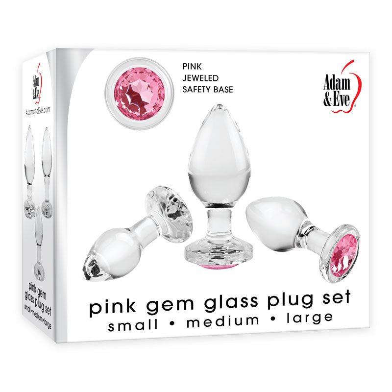 Adam & eve - pink gem glass butt plug set -  box side view | Flirtybay.com.au