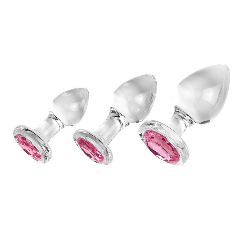 Adam & eve - pink gem glass butt plug set - Product front view  | Flirtybay.com.au