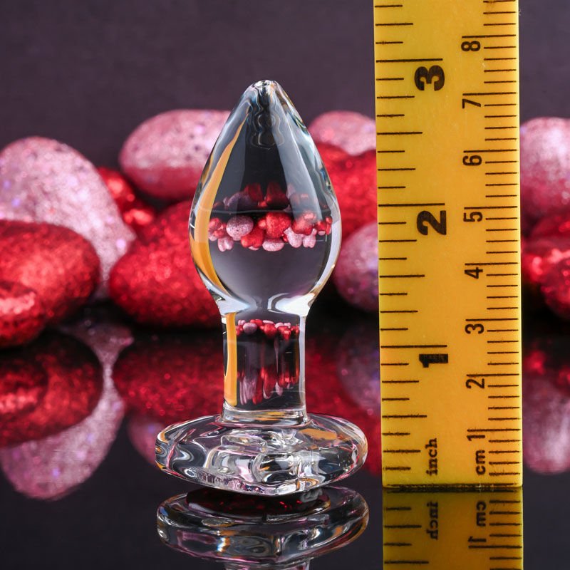Adam & eve - red heart gem glass butt plug, medium - Product front view, with dimensions  | Flirtybay.com.au
