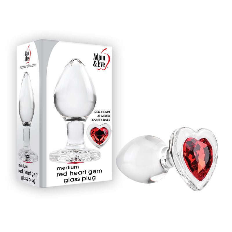 Adam & eve - red heart gem glass butt plug, medium - Product side view and box front view | Flirtybay.com.au