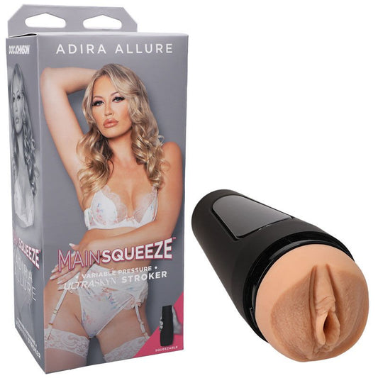 Side view of the Main Squeeze Adira Allure Realistic Vagina Male Masturbator alongside its packaging, showcasing the lifelike flesh tone and textured vulva entry on a clean white background. | Flirty Bay adult store Perth
