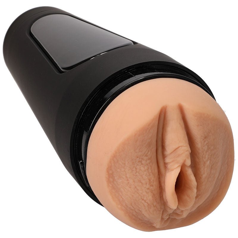 Side view of the Main Squeeze Adira Allure Male Masturbator highlighting the realistic vulva and natural flesh color on a clean white background. | Flirty Bay adult store Perth