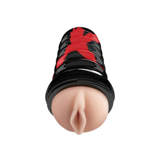 Front view of the PDX Elite Air-Tight Pussy Stroker male masturbator highlighting the textured vaginal entry and ergonomic shape on a white background. | Flirty Bay adult store Perth