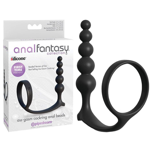 Anal fantasy collection - ass-gasm cock ring anal beads - Product side view and box front view | Flirtybay.com.au