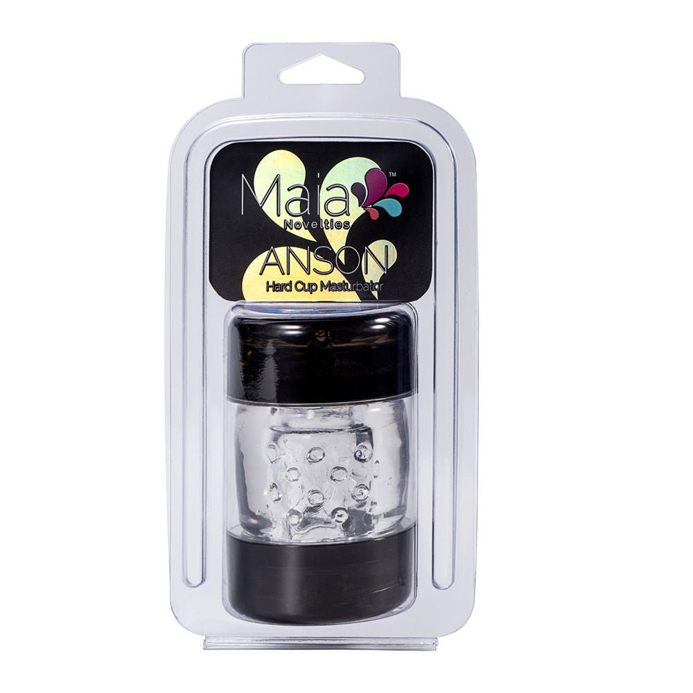 Front view of the packaging with the Maia Anson Hard Cup Stroker masturbator visible inside, displayed on a clean white background | Flirty Bay adult store Perth