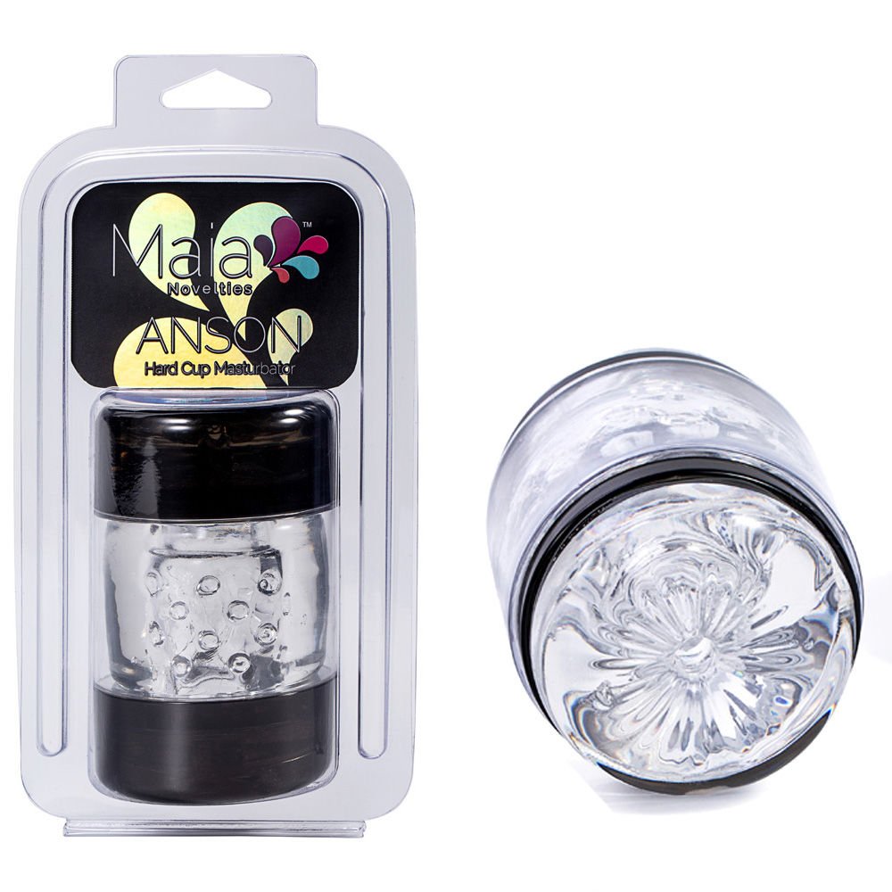 Bottom view of the Maia Anson Hard Cup Stroker masturbator showing the entrance, displayed with packaging on a white background | Flirty Bay adult store Perth