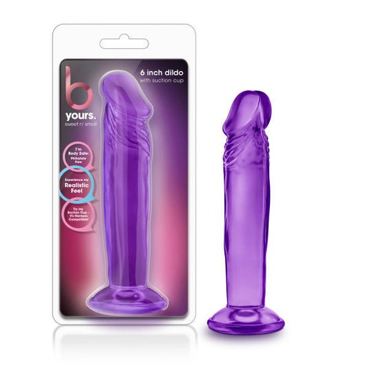 B yours - sweet n small 6 dildo - Purple - Product front view and box front view | Flirtybay.com.au