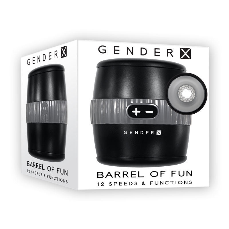 Side view of the retail packaging for the Gender X Barrel Of Fun Stroker Male Masturbator, displayed on a clean white background showing the product branding clearly. | Flirty Bay adult store Perth