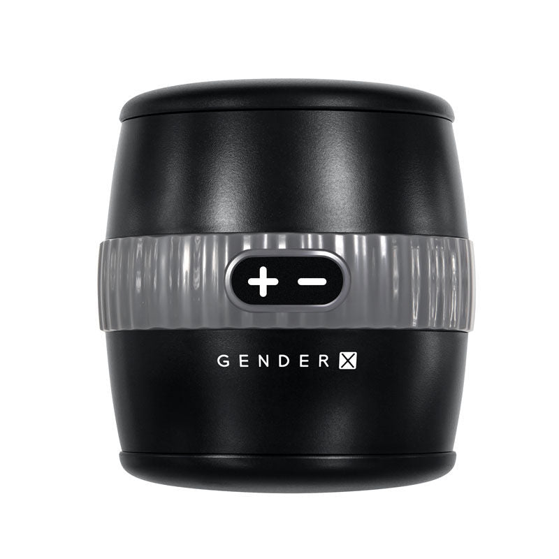 Front view showing buttons on clear white background
Front view of the Gender X Barrel Of Fun Stroker Male Masturbator, clearly showing the control buttons on the body, displayed on a clean white background. | Flirty Bay adult store Perth