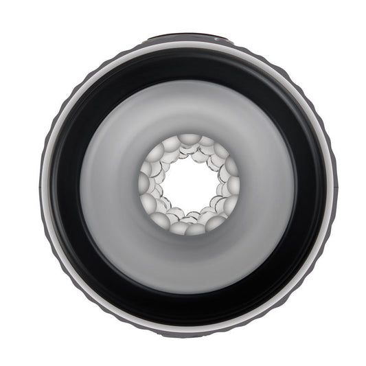 Top view of the Gender X Barrel Of Fun Stroker Male Masturbator revealing the textured inner sleeve, presented on a clean white background. | Flirty Bay adult store Perth