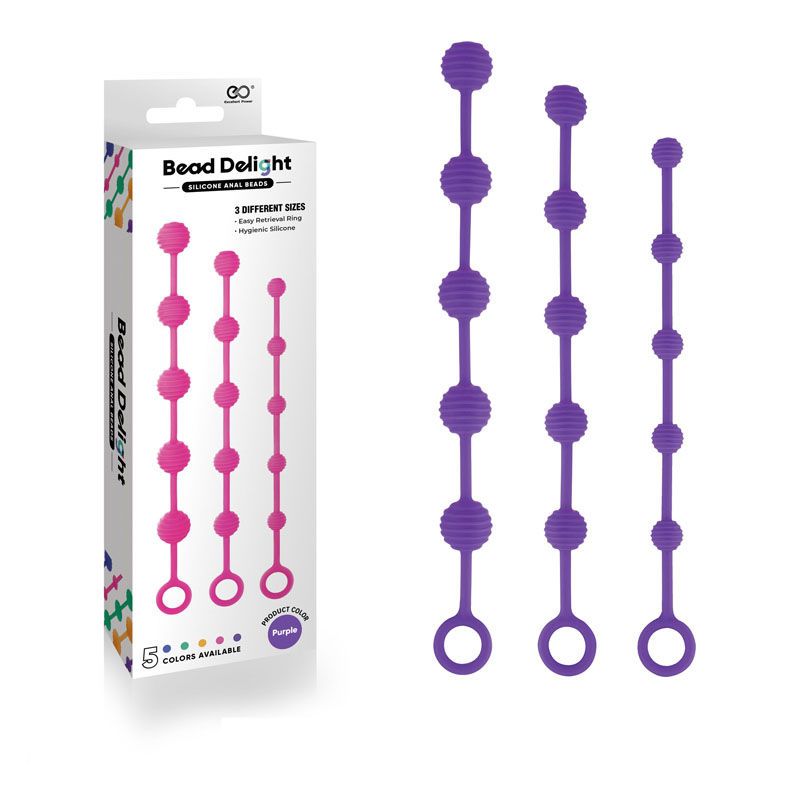 Bead Delight silicone anal beads purple, front with the box | Flirtybay.com.au