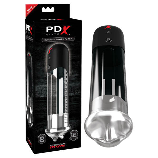 Front view of the PDX Elite Blowjob Power Pump male masturbator standing upright beside its retail packaging, displayed on a clean white background. The product design and control buttons are clearly visible. | Flirty Bay adult store Perth