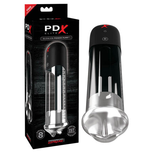 Front view of the PDX Elite Blowjob Power Pump male masturbator standing upright beside its retail packaging, displayed on a clean white background. The product design and control buttons are clearly visible. | Flirty Bay adult store Perth