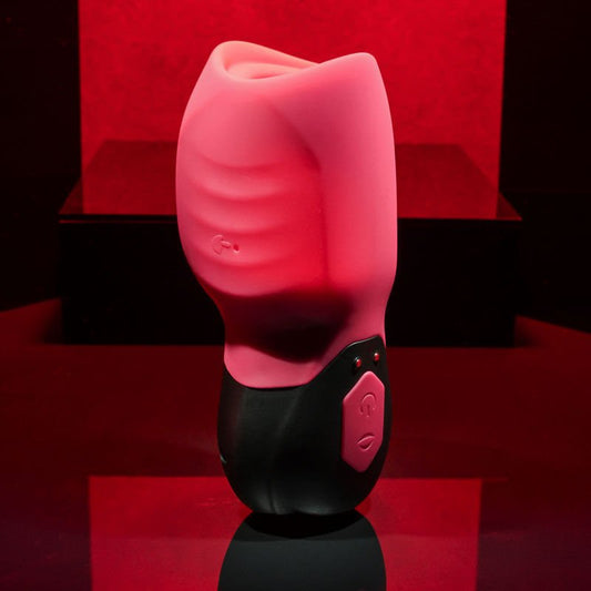 Front view of the Gender X Body Kisses Stroker Male Masturbator presented on a pink and black decorative background, showcasing the product’s sleek design. | Flirty Bay adult store Perth