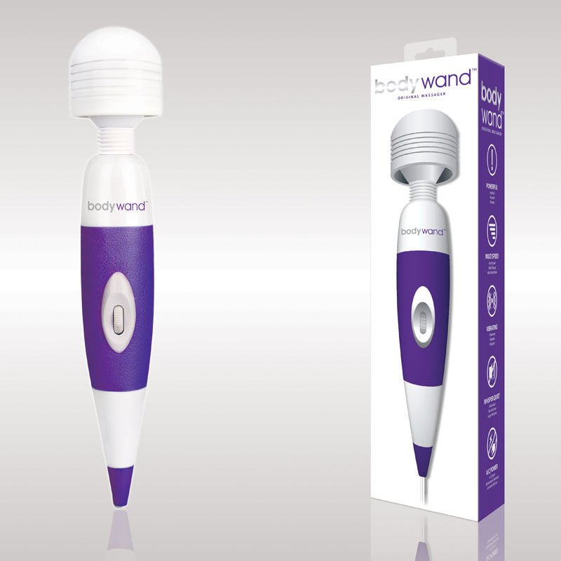 Bodywand - original vibrating wand, purple, Product front view and box front view | Flirtybay.com.au