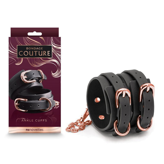 Bondage couture ankle cuffs black front product and front box | Flirtybay.com.au