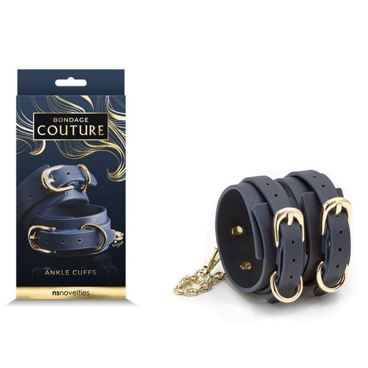 Bondage couture ankle cuffs blue front product  and front box | Flirtybay.com.au