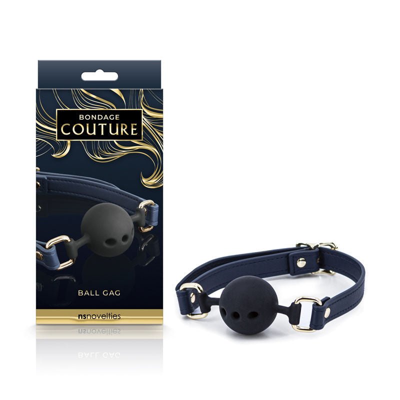Bondage couture blue ball gag front and box | Flirtybay.com.au