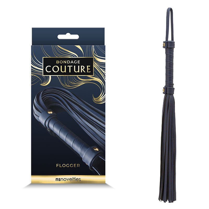 Bondage couture flogger blue front and box | Flirtybay.com.au