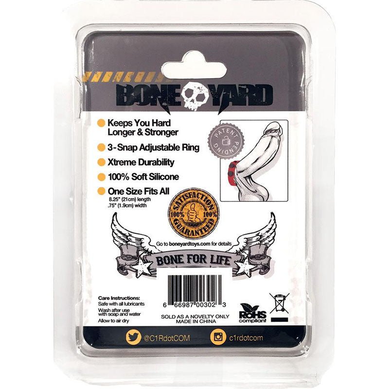 Boneyard - silicone cock strap -  red, box back view | Flirtybay.com.au