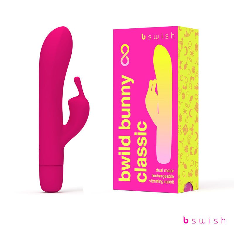 Bwild classic bunny infinite - rabbit vibrator, Pink - Product front view and box front view | Flirtybay.com.au