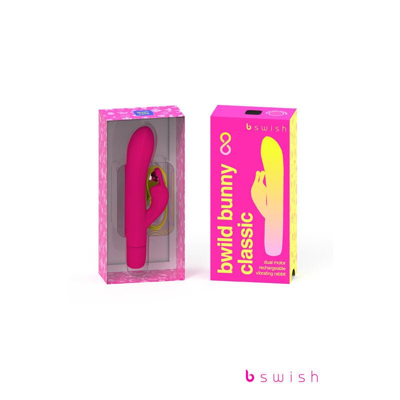 Bwild classic bunny infinite - rabbit vibrator, Pink - Product front view and box front view | Flirtybay.com.au