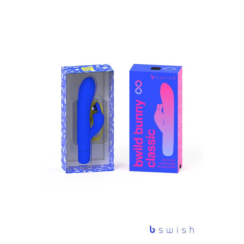 Bwild classic bunny infinite - rabbit vibrator, blue - Product front view and box front view | Flirtybay.com.au
