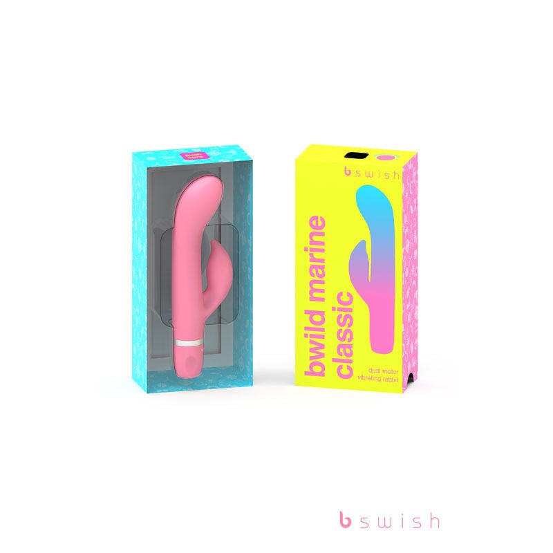 Bwild classic marine - rabbit vibrator -Pink - Product side view and box front view | Flirtybay.com.au