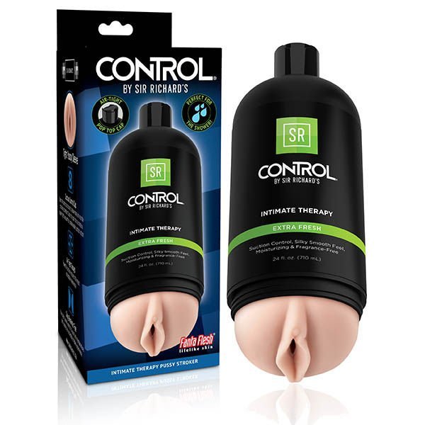 Front view of the Sir Richards Control Intimate Therapy Pussy Stroker with packaging, on a clean white background | Flirty Bay adult store Perth