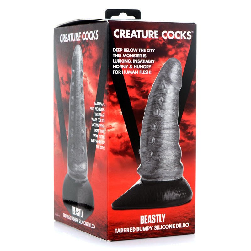 Creature cocks - beastly tapered bumpy silicone dildo -  box side view | Flirtybay.com.au