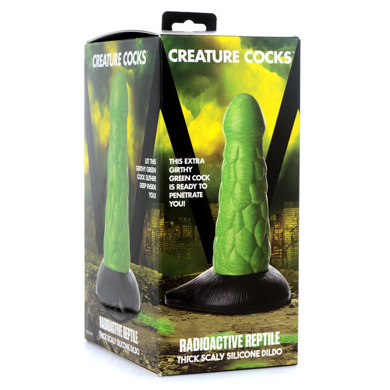 Creature cocks - radioactive reptile thick scaly silicone dildo -  box side view | Flirtybay.com.au