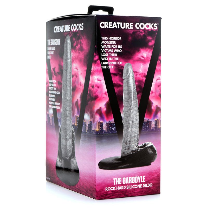 Creature cocks - the gargoyle rock hard silicone dildo -  box side view | Flirtybay.com.au