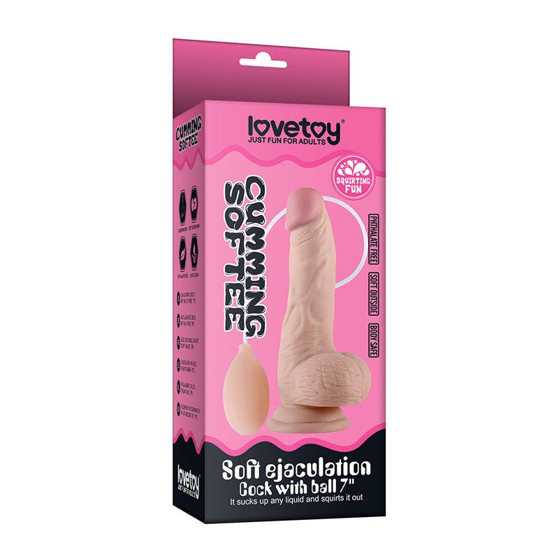 Cumming softee - soft ejaculation dildo 8'' with balls -  box front view | Flirtybay.com.au