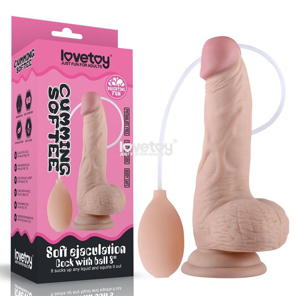 Cumming softee - soft ejaculation dildo 8'' with balls - Product front view and box front view | Flirtybay.com.au