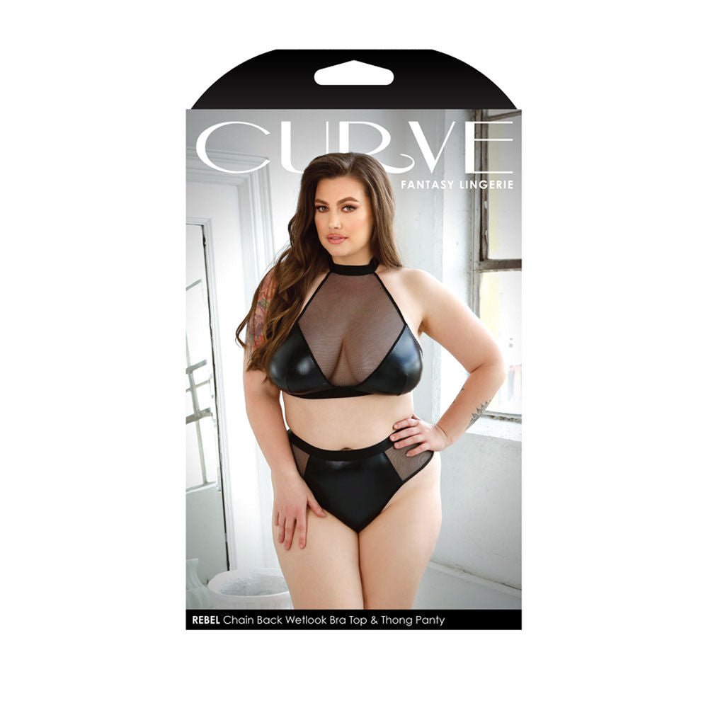 Curve rebel - chain back wetlook bra top & thong panty -  box front view | Flirtybay.com.au