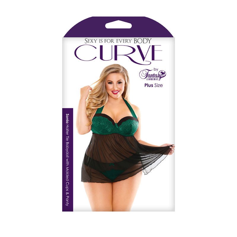 Curve - sonia halter tie babydoll - cups & panty -  box front view | Flirtybay.com.au