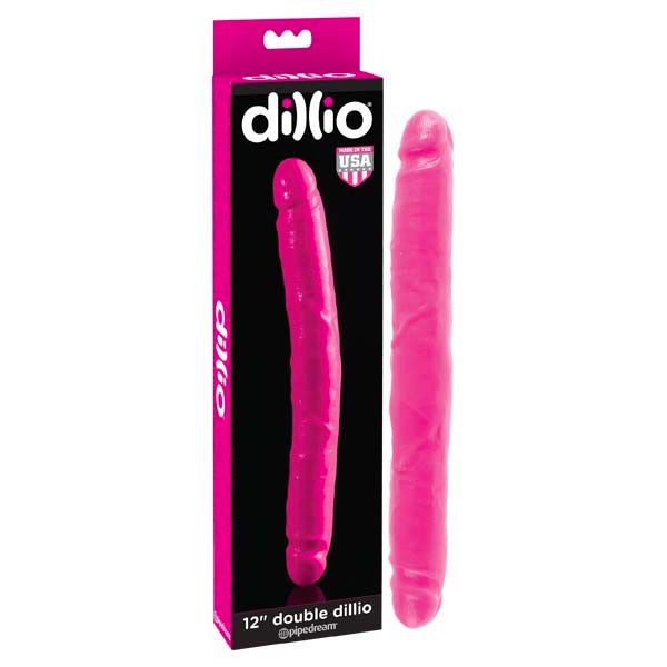 Dillio - 12'' double-ended dildo - Pink - Product front view and box front view | Flirtybay.com.au