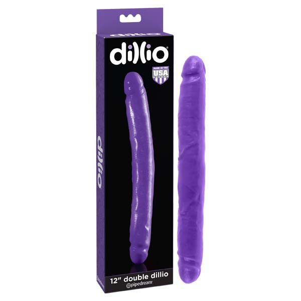 Dillio - 12'' double-ended dildo - Purple - Product front view and box front view | Flirtybay.com.au