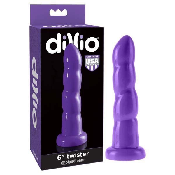 Dillio - 6'' twister dildo - Purple - Product front view and box front view | Flirtybay.com.au