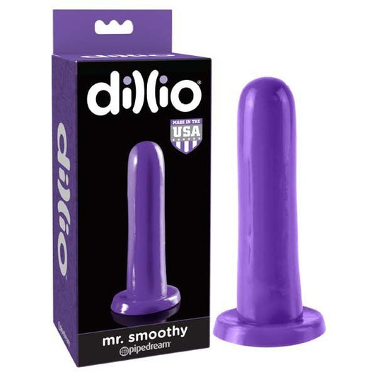 Dillio - mr. smoothy 5 dildo - Purple - Product front view and box front view | Flirtybay.com.au