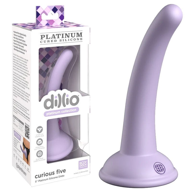 Dillio - platinum curious five 5 dildo - Purple - Product front view and box front view | Flirtybay.com.au