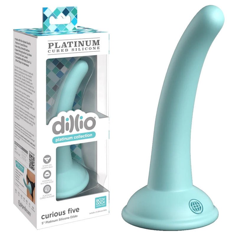 Dillio - platinum curious five 5 dildo - Teal-Product front view and box front view | Flirtybay.com.au